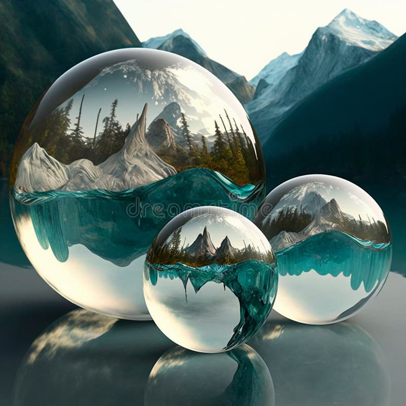 Transparent water spheres against a stunning backdrop of mountains and water. Reflection of the landscape and elements