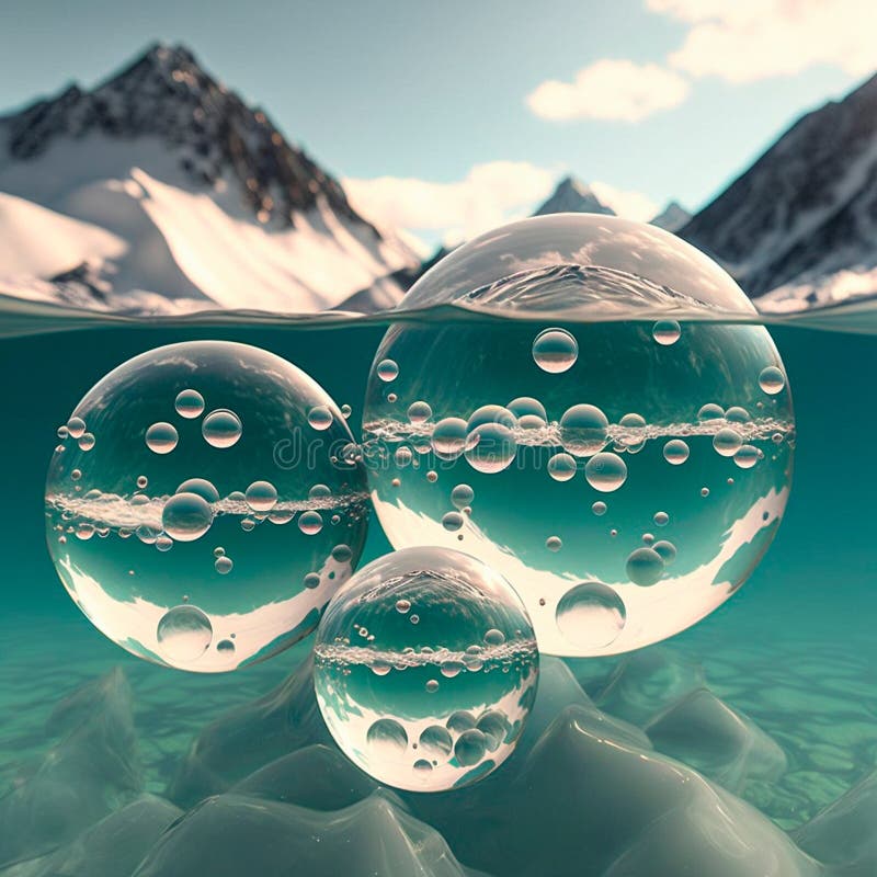 Transparent water spheres against a stunning backdrop of mountains and water. Reflection of the landscape and elements