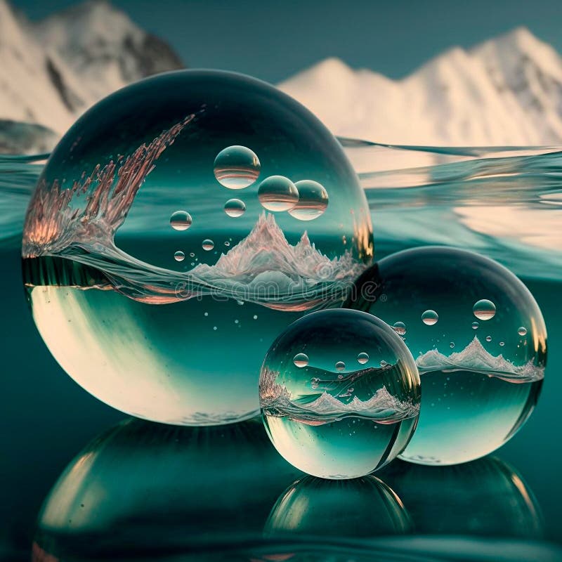 Transparent water spheres against a stunning backdrop of mountains and water. Reflection of the landscape and elements