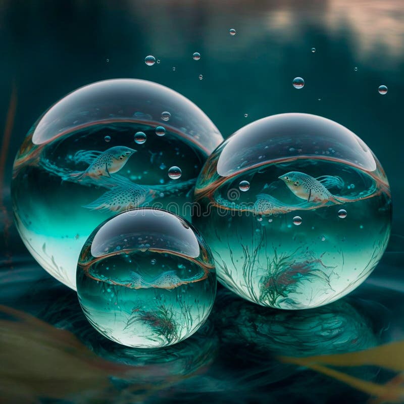 Transparent water spheres against a stunning backdrop of mountains and water. Reflection of the landscape and elements