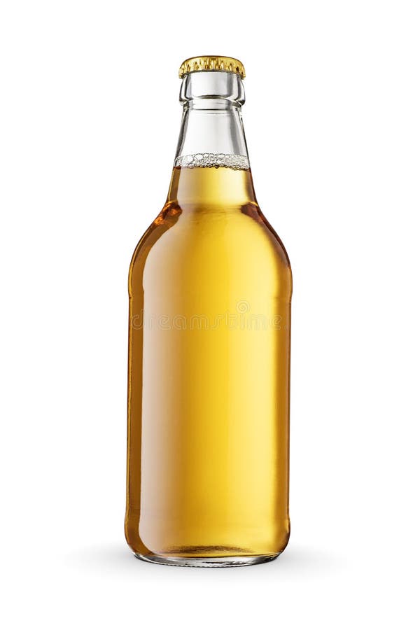 Transparent Yellow Beer Bottle Isolated on White Background Stock Photo