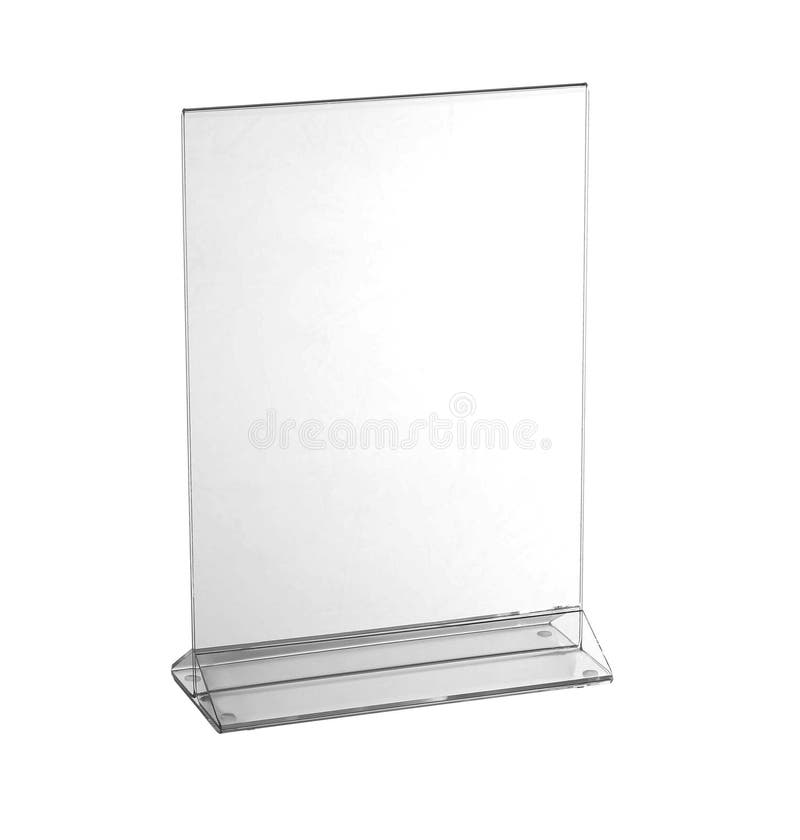 Transparent acrylic table stand display for menu in isolated white background. Transparent acrylic table stand display for menu in isolated white background