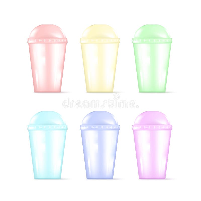 Transparente bunte leere Wegwerfplastikschale für Soda oder Cocktail Wegwerfbares Tafelgeschirrset der Party Auch im corel abgeho vektor abbildung