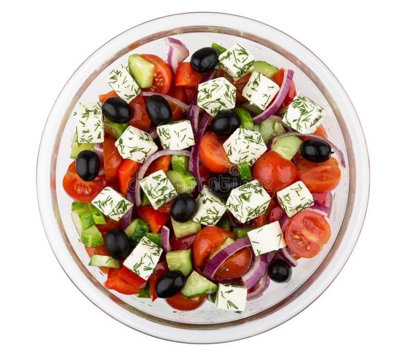 Transparente Glasschüssel mit dem griechischen Salat lokalisiert auf Weiß stockbild Transparente Glasschüssel mit dem griechischen Salat lokalisiert auf Weiß stockbild