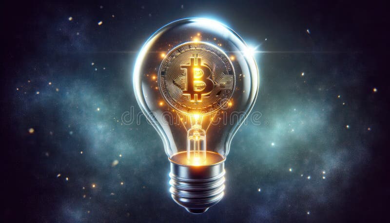Transparente Glühbirne mit leuchtender Bitcoin im Hintergrund einer Galaxie im tiefen Weltraum Wissen Verständnis Erkennungsgedank stock abbildung