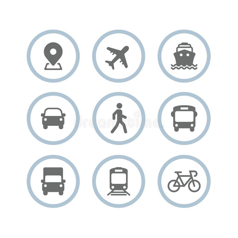 Transport icons. Airplane, Public bus, Train, Ship/Ferry, Car, walk man, bike, truck and auto signs. Shipping delivery symbol. Air stock illustration