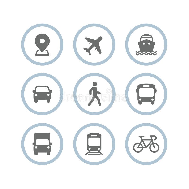 Transport icons. Airplane, Public bus, Train, Ship/Ferry, Car, walk man, bike, truck and auto signs. Shipping delivery symbol. Air