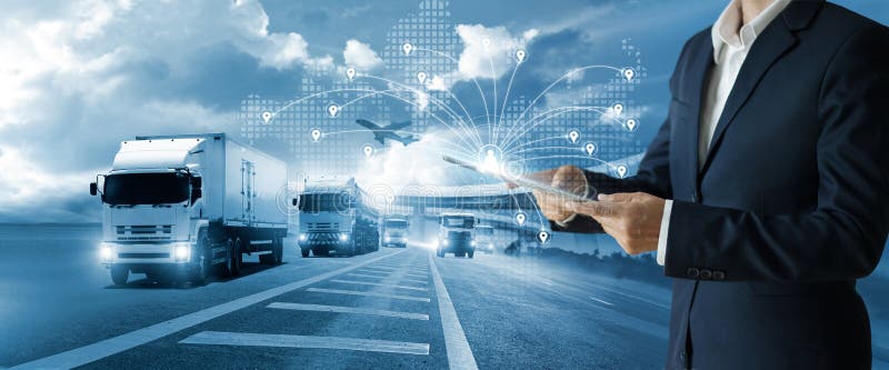 Transport and logistic concept, Freight shipping online, Businessman using tablet and data for global logistic network distribution on world map background, Business and technology, Blue tone. Global network connection map stock images, royalty-free photos and pictures