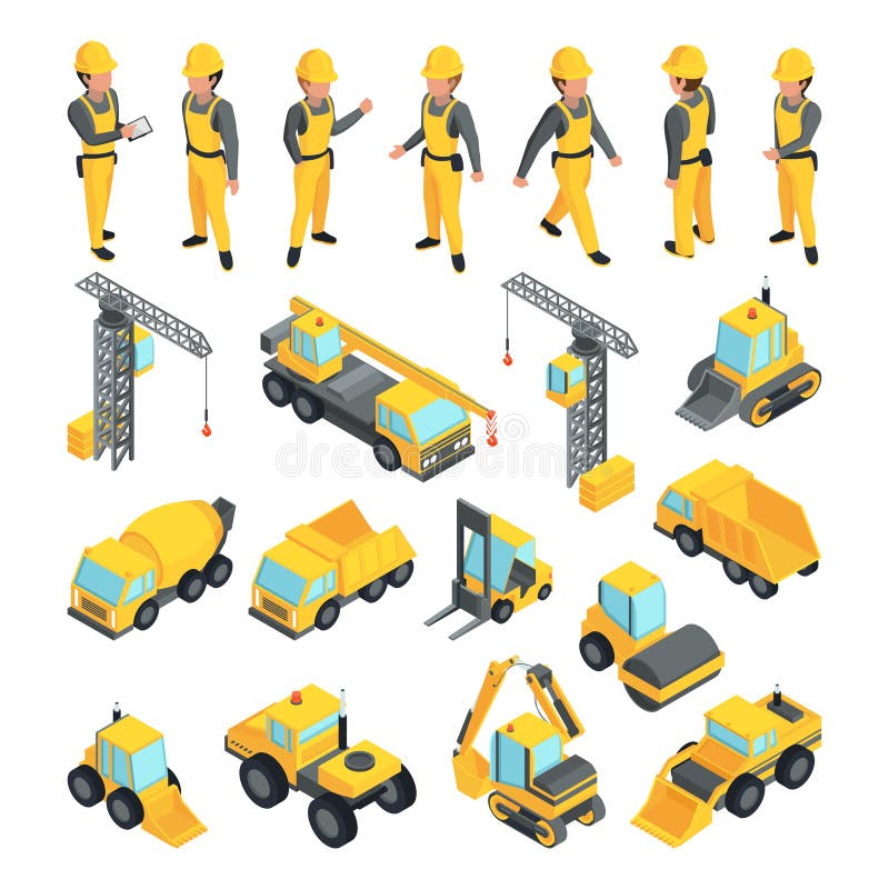 Transport och arbetare för konstruktionsbyggnader Vektorbilder i isometrisk stil vektor illustrationer