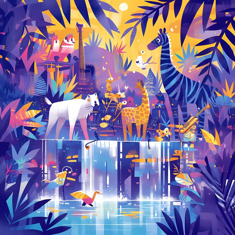 Jazz-Filled Jungle Bar: Exotic Animals and Atmosphere Stock