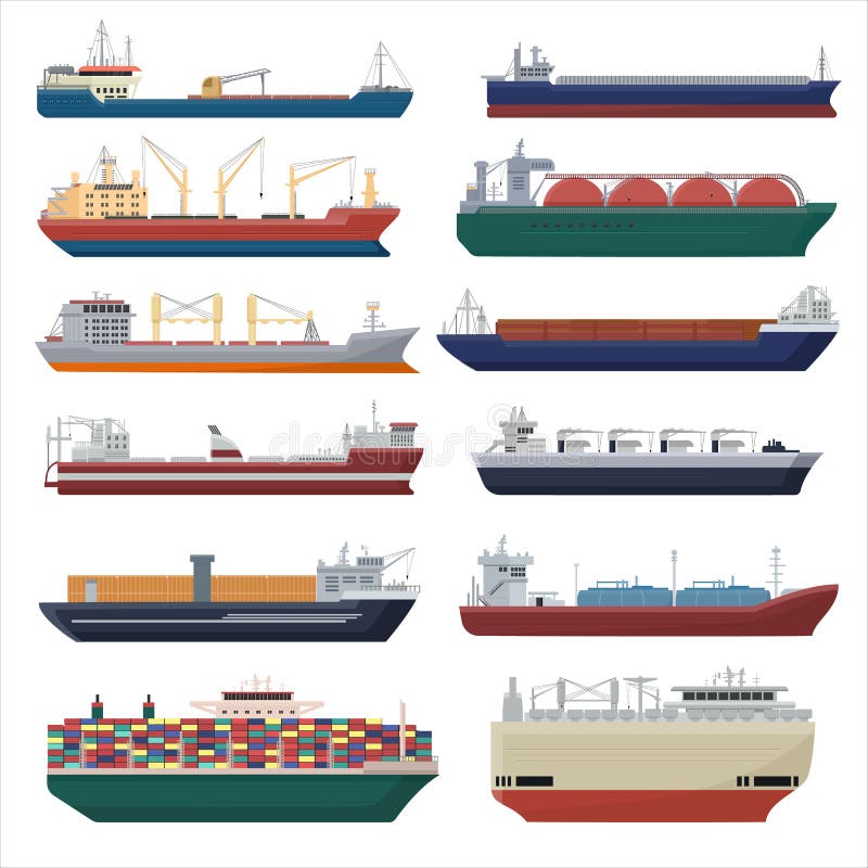 Transport transportowy wektorowy statków towarowych w kontenerach eksportowych zestaw ilustracyjny przemysłowego transportu towar