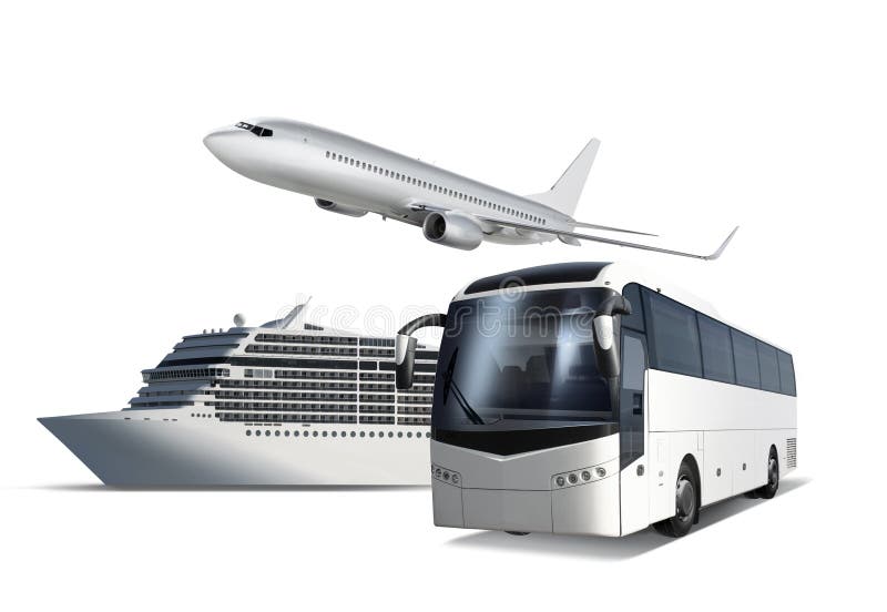 Koláž z lietadla, lode a autobusovej izolované na bielom s cestou, doprava na cestovanie.
