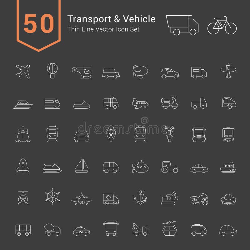 Transport und Fahrzeug-Ikonen-Satz 50 dünne Linie Vektor-Ikonen vektor abbildung Transport und Fahrzeug-Ikonen-Satz 50 dünne Linie Vektor-Ikonen vektor abbildung