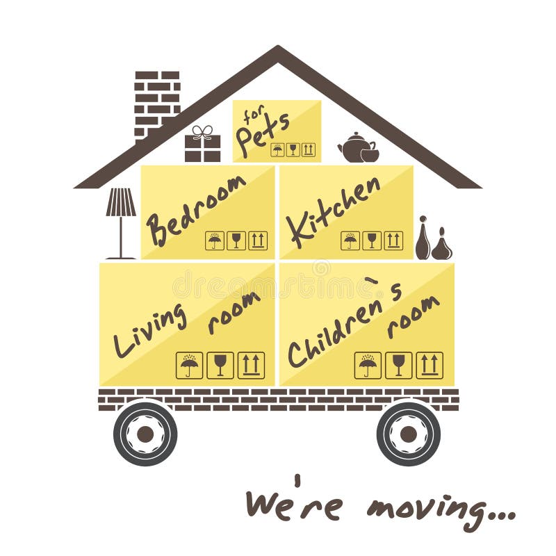 Transportation and home removal. Stylized house on wheels with boxes for moving. We're moving.