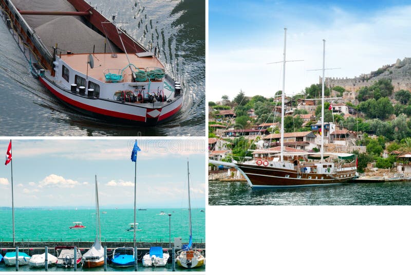 Transportation and Leisure: A Collage of Boats, Ships, and Maritime Views stock photo