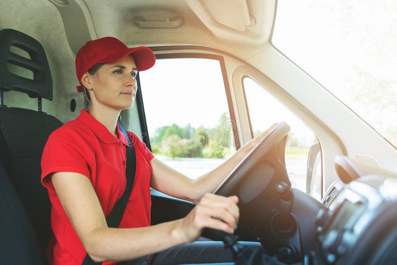 Transportation Service Driver in Red Uniform Sitting in Van with Box in ...