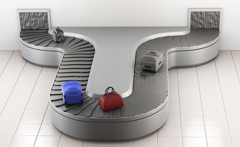 Transportband bij de luchthaven De riem van de luchthavenbagage met het bewegen van bagage in scherpe kleuren het 3d teruggeven vector illustratie Transportband bij de luchthaven De riem van de luchthavenbagage met het bewegen van bagage in scherpe kleuren het 3d teruggeven vector illustratie
