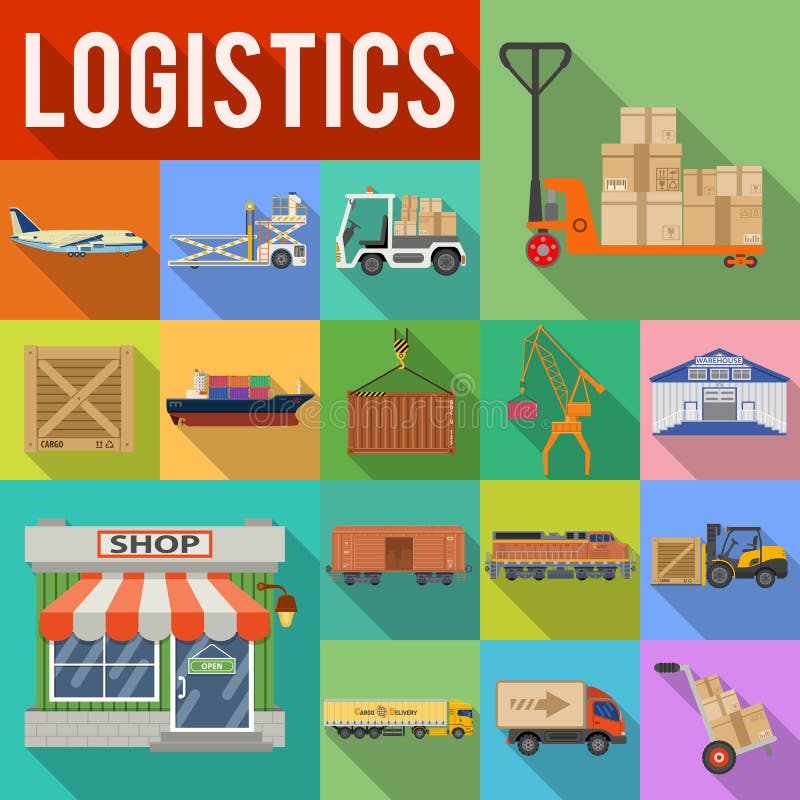 Transporte de cargo y sistema del icono de la logística ilustración del vector Transporte de cargo y sistema del icono de la logística ilustración del vector
