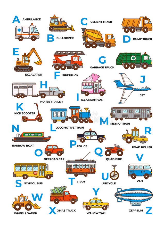 Transporte De Carro Alfabético Inglês. Impressão Abc. Desenho Animado  Ilustração do Vetor - Ilustração de escavadora, ambulância: 236943994