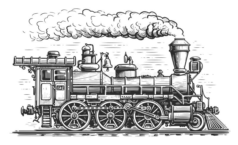 Gravado vintage, desenhado à mão, locomotiva antiga ou trem com vapor na  ferrovia americana. transporte retro . imagem vetorial de ArthurBalitskiy©  157835278