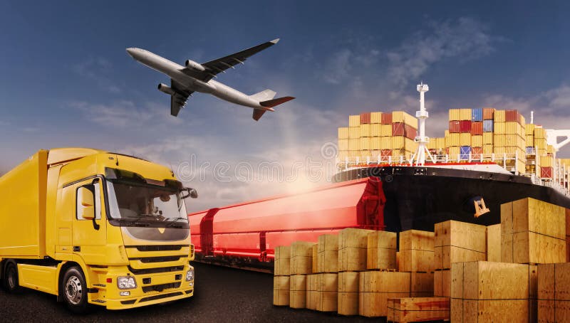 Truck, rail, air and ship transport boxes symbolizing the international trade. Truck, rail, air and ship transport boxes symbolizing the international trade