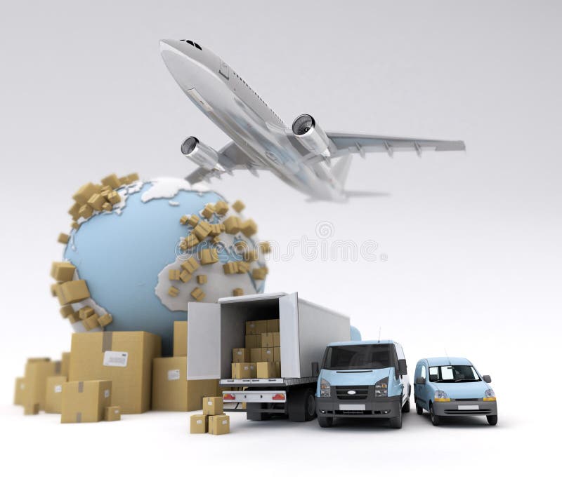 3D rendering of the Earth, cardboard boxes, a van, a truck and a flying plane. 3D rendering of the Earth, cardboard boxes, a van, a truck and a flying plane