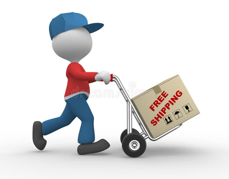 3d people - man, person with hand truck and packages. Postman. Free shipping. 3d people - man, person with hand truck and packages. Postman. Free shipping