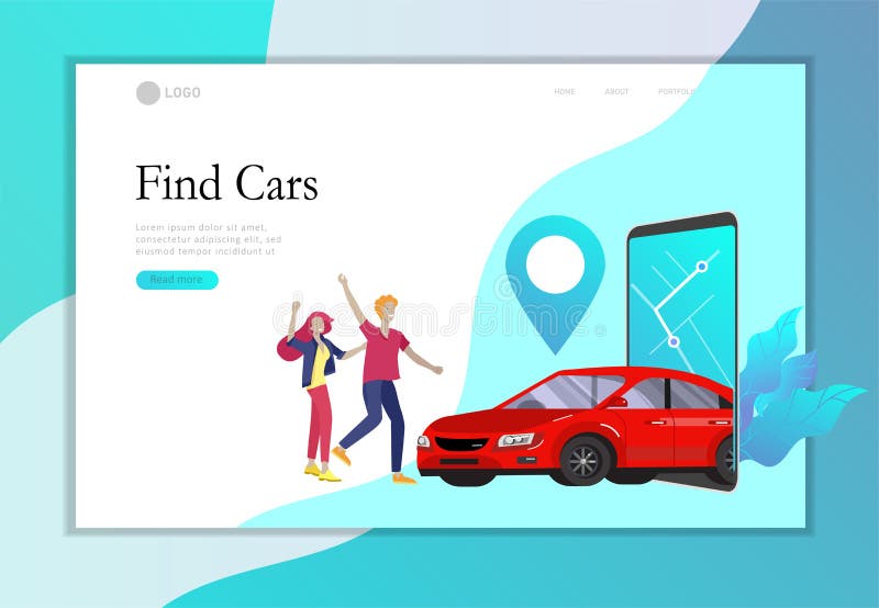 Transporte móvil de aterrizaje de la ciudad de la plantilla de la página, distribución de coche en línea con el carácter de la ge libre illustration Transporte móvil de aterrizaje de la ciudad de la plantilla de la página, distribución de coche en línea con el carácter de la ge libre illustration