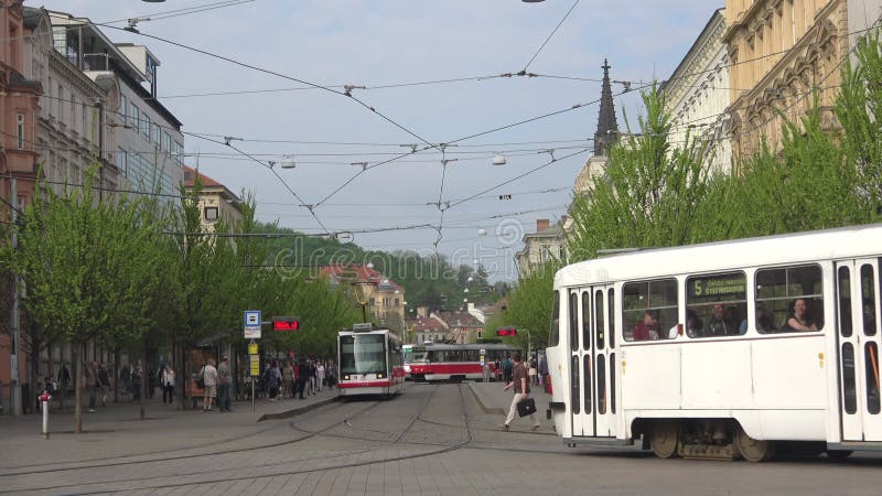 Transporte o tráfego na rua de Jostova, dia de mola Brno, república checa