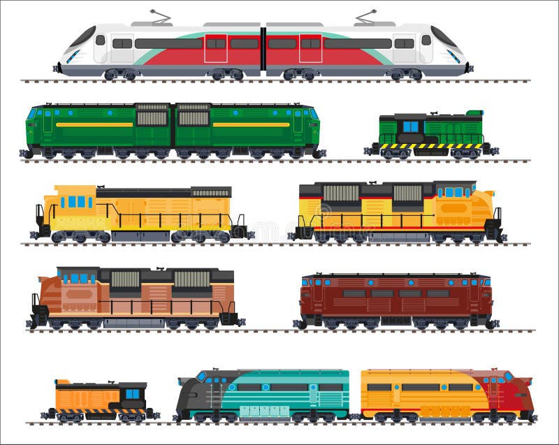 Transporte Railway: locomotivas, trens, vagões ilustração royalty free Transporte Railway: locomotivas, trens, vagões ilustração royalty free