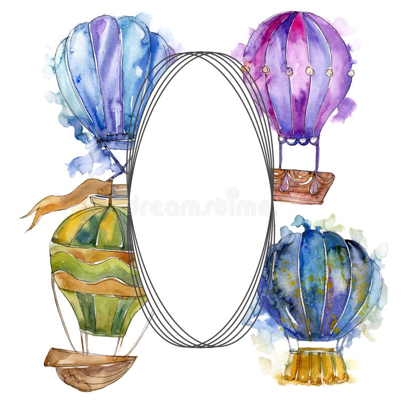 Transporte a? reo de la mosca del fondo del globo del aire caliente Sistema del ejemplo del fondo de la acuarela Cuadrado del orna ilustración del vector