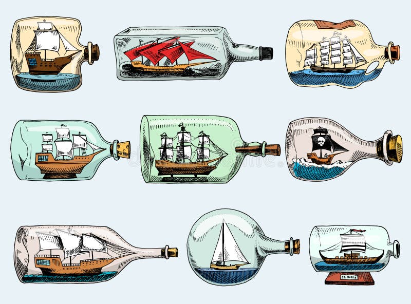 Transportez-vous dans le bateau de vecteur de bouteille dans la voile douée miniature illustration stock Transportez-vous dans le bateau de vecteur de bouteille dans la voile douée miniature illustration stock