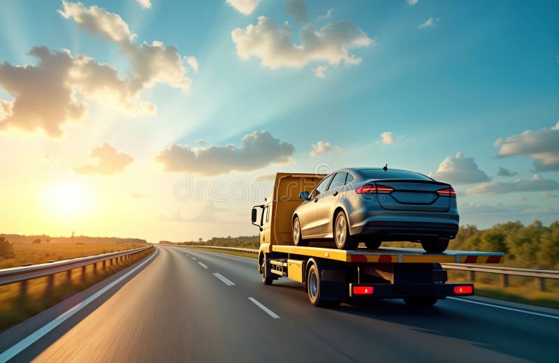 Transportul camionului de remorcare, avariat pe autostradă la apus. serviciu de asistență pentru vehicule. zi însorită. peisaj de stock illustration
