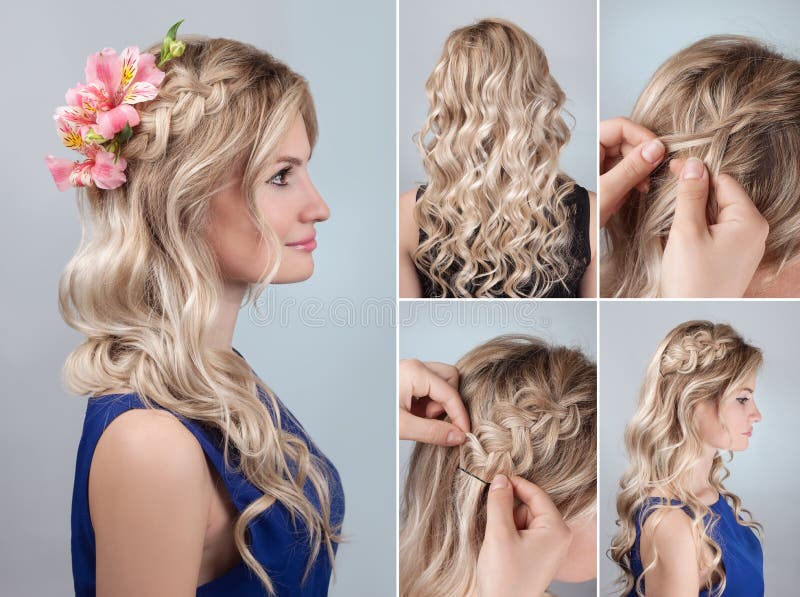 Trança do penteado com as flores frescas tutoriais imagem de stock royalty free Trança do penteado com as flores frescas tutoriais imagem de stock royalty free