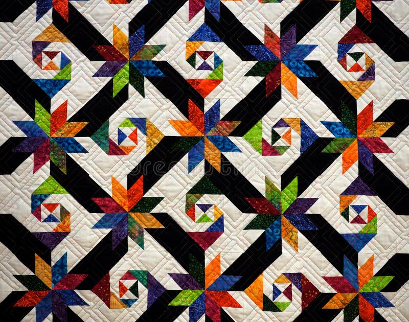 Colourful traditional quilt with brightly coloured  fabric at the Festival of Edmonton Quilts June 1, 2019. Colourful traditional quilt with brightly coloured  fabric at the Festival of Edmonton Quilts June 1, 2019