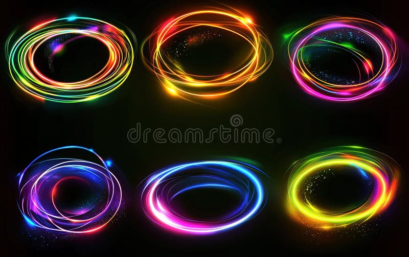 Trasee luminoase colorate se rotesc și dansează pe fond negru, creând tipare digitale vibrante și fascinând vector illustration