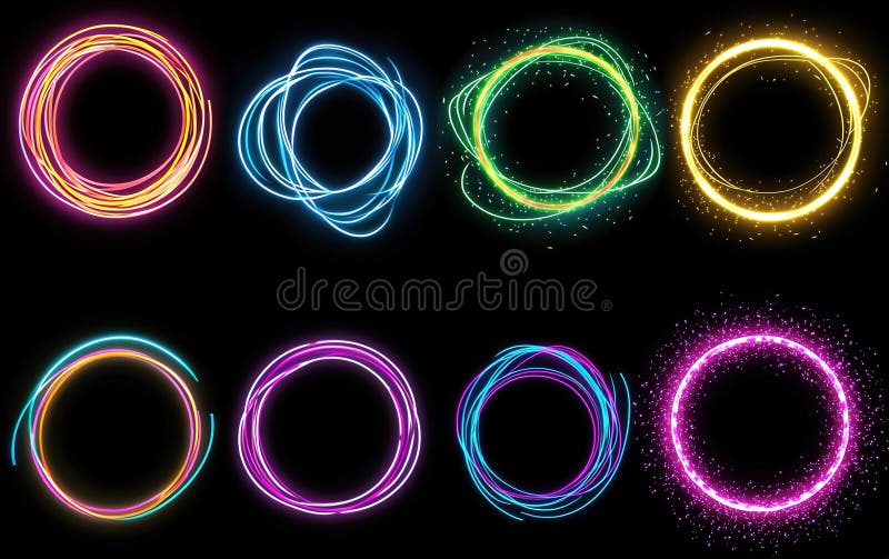 Trasee luminoase colorate în forme circulare pe un fond întunecat, care prezintă creativitatea și elementele de design într-un royalty free illustration