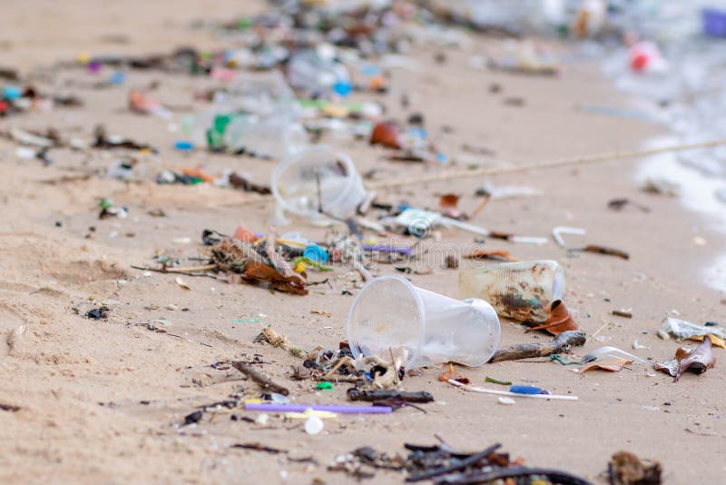 Trash on the Beach. Beach pollution. Plastic bottles and other trash on sea beach. Dirty sea sandy shore the Black Sea