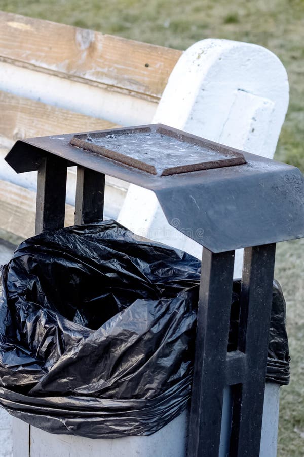 Trash Bin and Bench in Park Closeup Stock Photo Image of environment