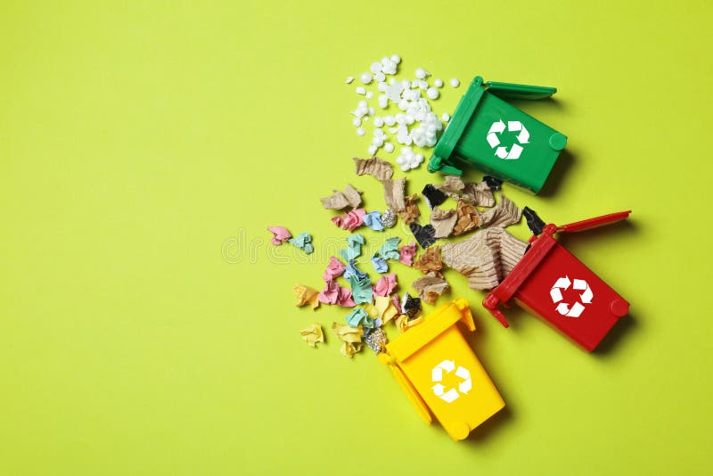 Trash Bins and Different Garbage on Color Background Stock Photo - Image of  object, pollution: 135661998