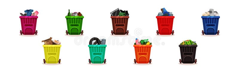 Trash Bins Full of Sorted Garbage Vector Set vector illustration
