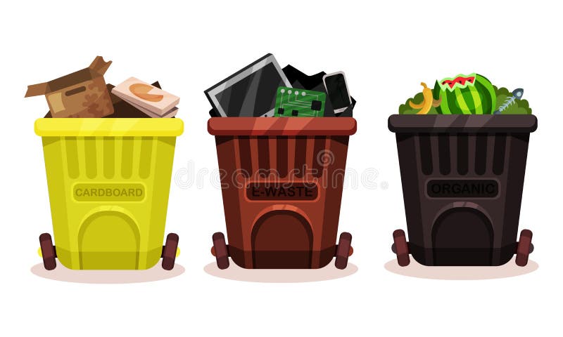 Trash Bins Full of Sorted Garbage Vector Set stock illustration
