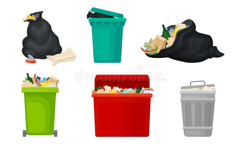 Trash Bins and Sacks Full with Refuse and Garbage Vector Set stock illustration