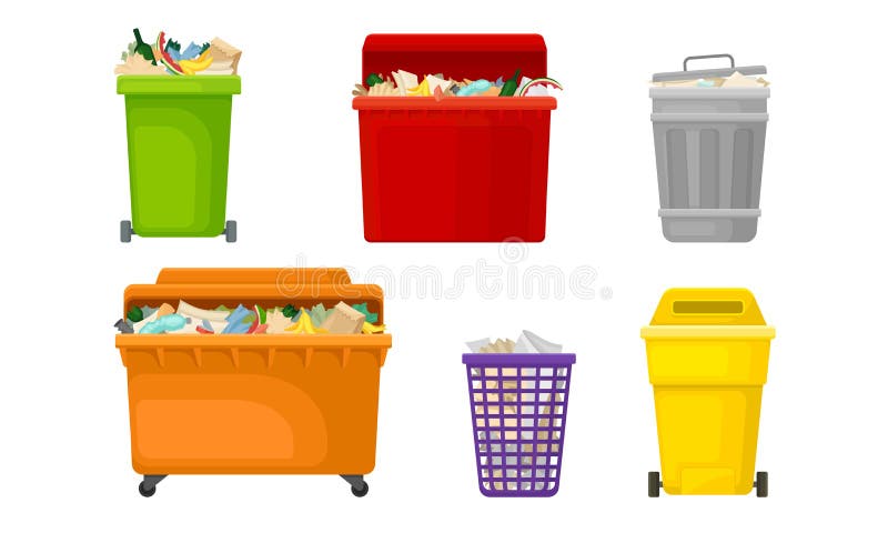 Trash Bins and Sacks Full with Refuse and Garbage Vector Set. Pile of Litter for Disposal and Utilization Concept