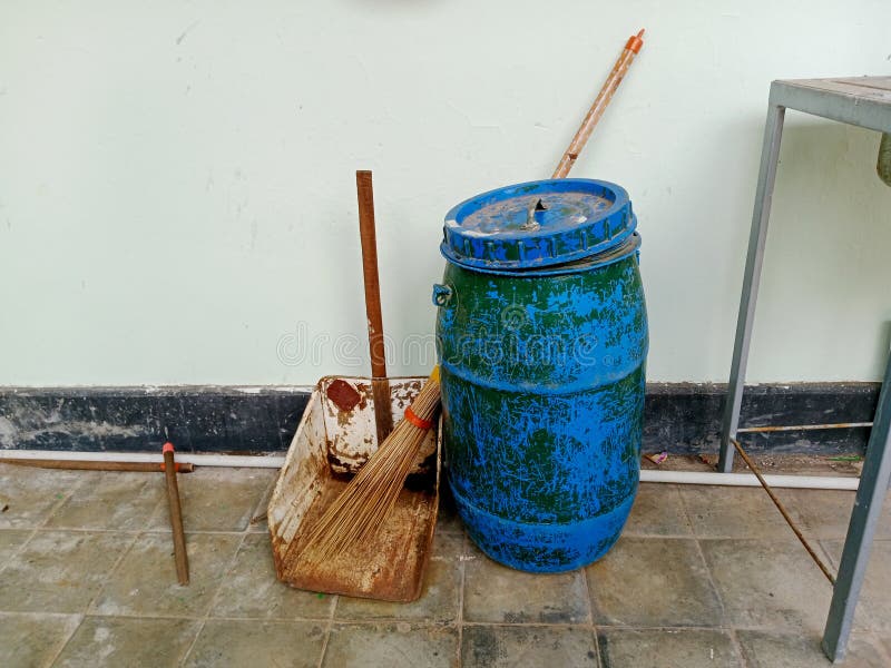A Trash Can, Broom Stick and Dustpan. Stock Image Image of stick