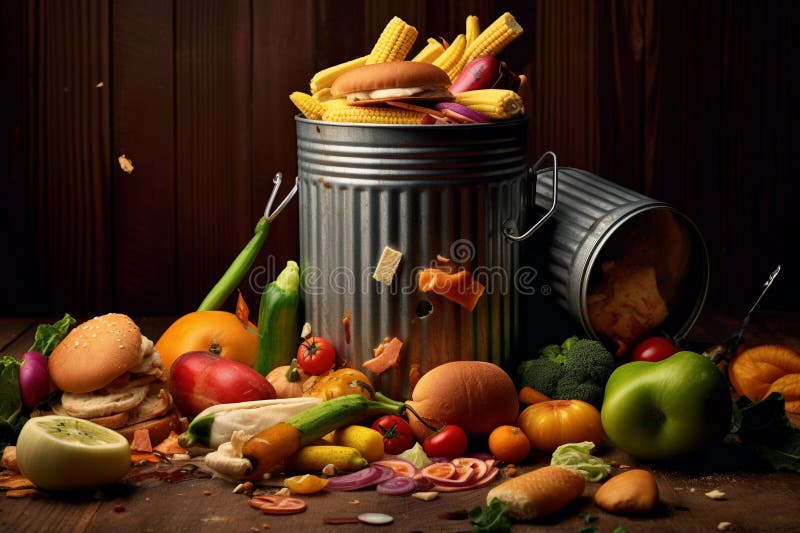 A Trash Can Full of Food is Shown with a Pile of Food in it. AI