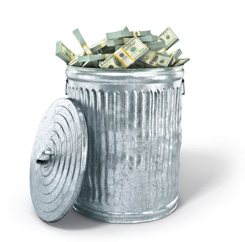 Trash can full of money. Isolated on a white background stock photos Trash can full of money. Isolated on a white background stock photos