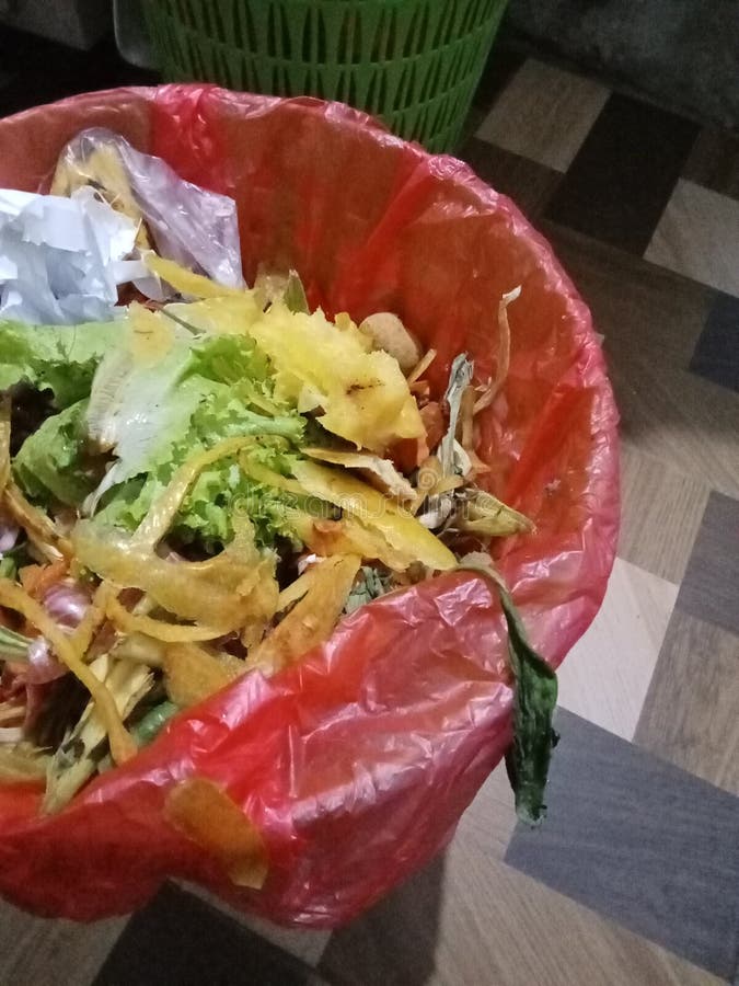 A trash can full with organic waste stock photo