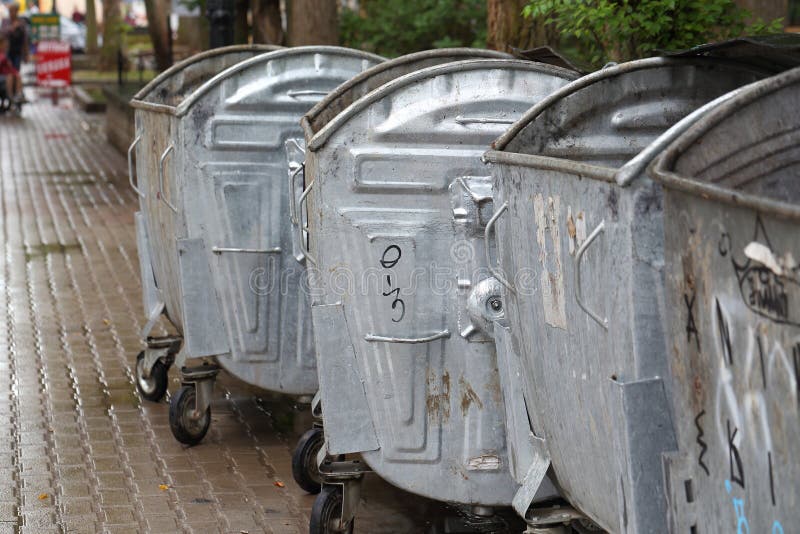 Trash can on the street stock photo. Image of street 50558540