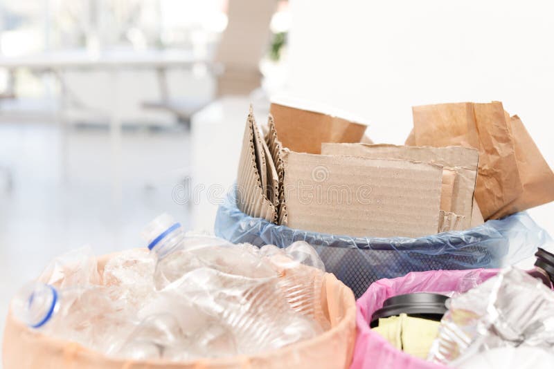 Trash Cans Full of Garbage Indoors. Waste Recycling Stock Photo Image